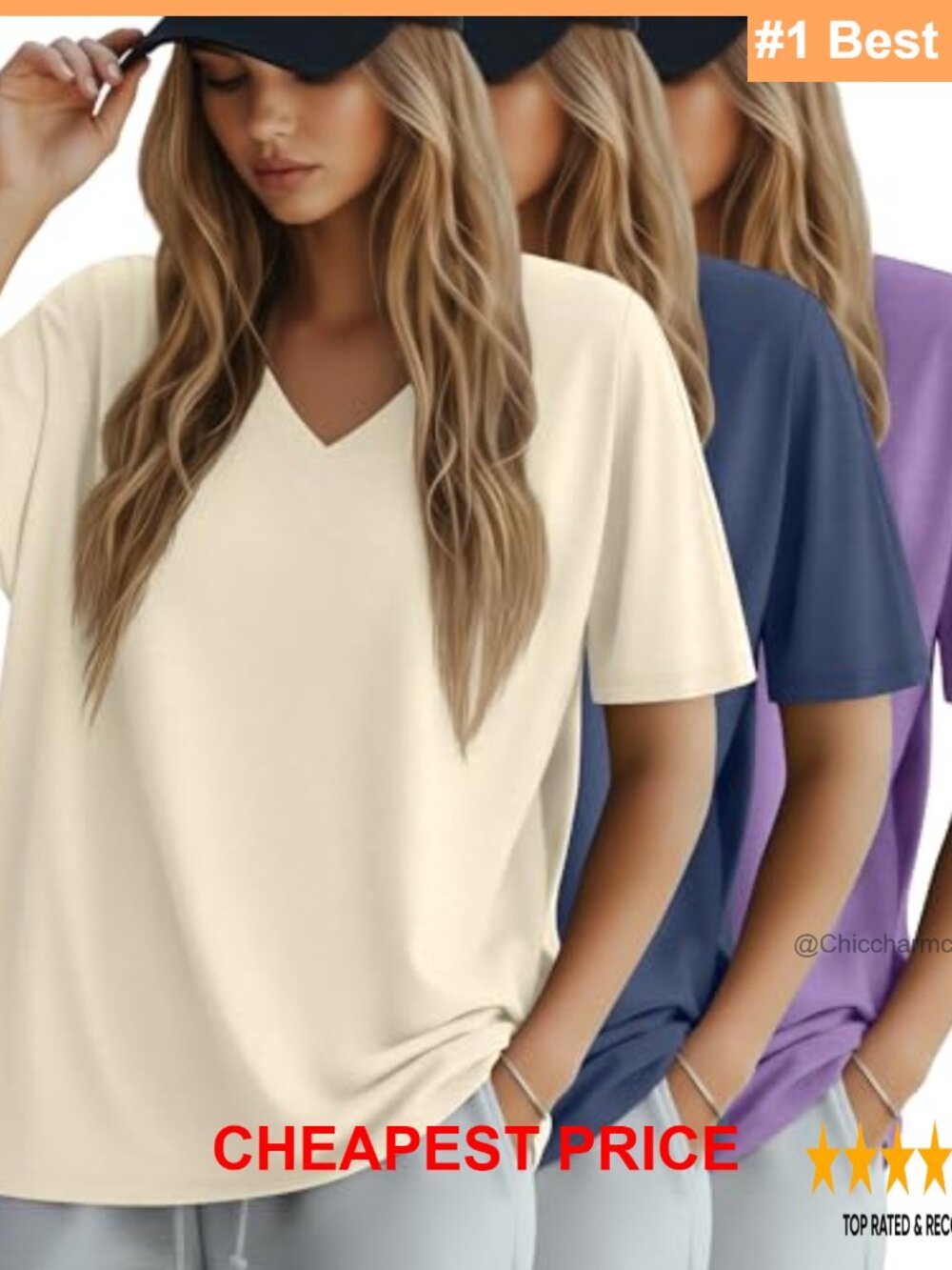 Women's Oversized Cotton V Neck T Shirt Loose Fit Short Sleeve Top